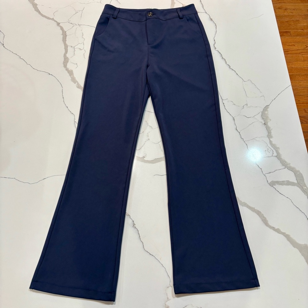 Women’s navy flat front dress pant high rise boot cut size L